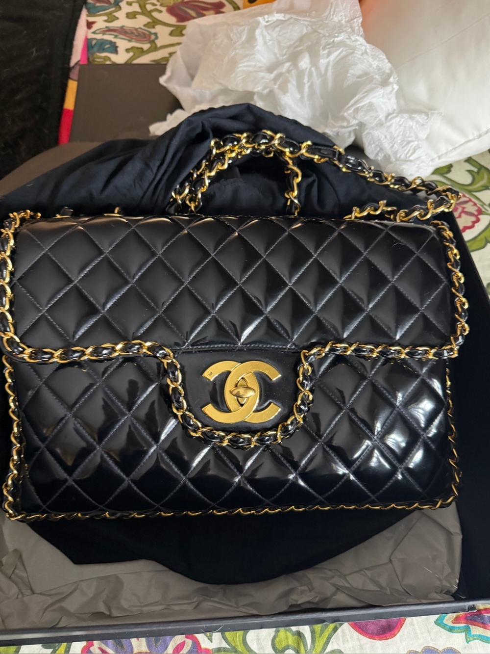 Authentic Chanel Black Patent Leather Bag with 24k Gold hardware